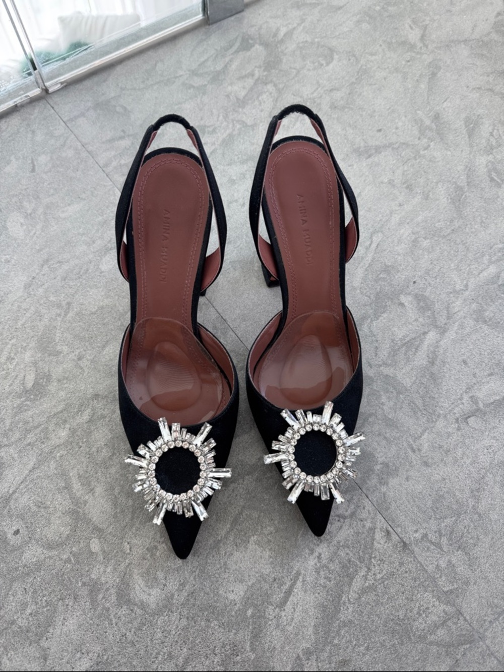 Amina Muaddi Black Crystal Slingback Pumps